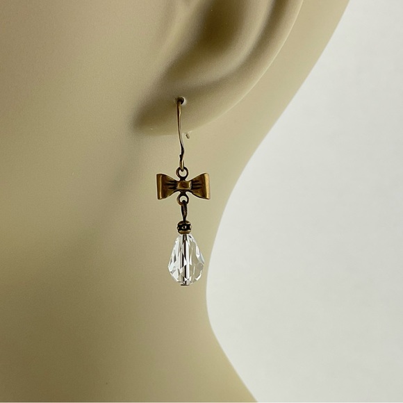 Crystal Teardrop & Bow Earrings, Handmade, Art Nouveau Style, Antique Brass - Picture 4 of 6